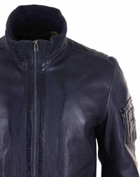 Real Leather Autumn Jacket with High Neck for Mens - Navy Color