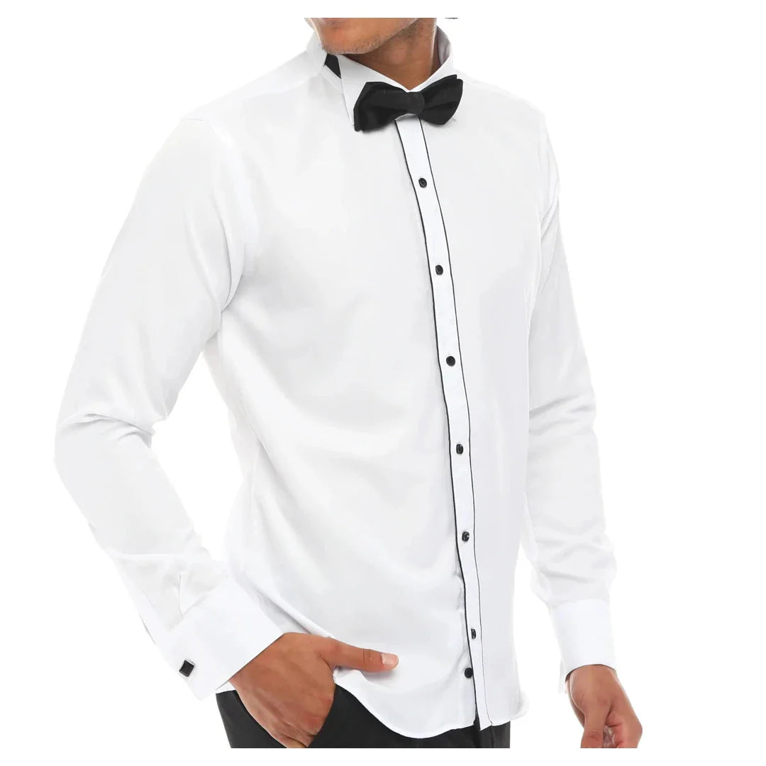 Men's Wing Collar Shirt Tuxedo White Black Piping Double Cuff Dinner Classic