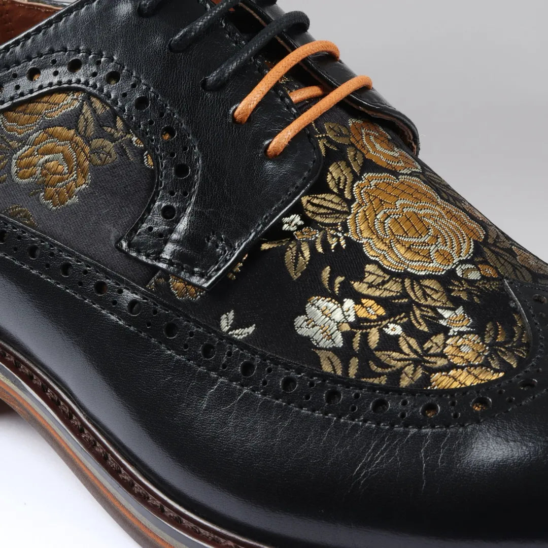 Ross - Men's Floral Print Leather Black Brogue Shoes