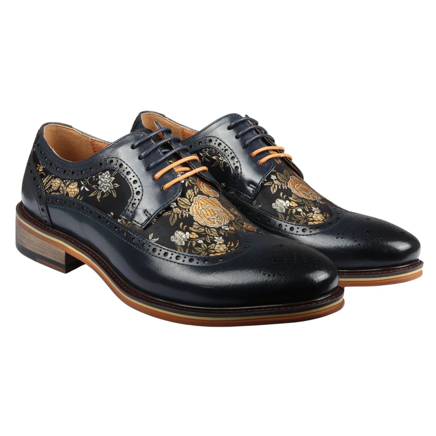 Ross - Men's Floral Print Leather Navy Brogue Shoes
