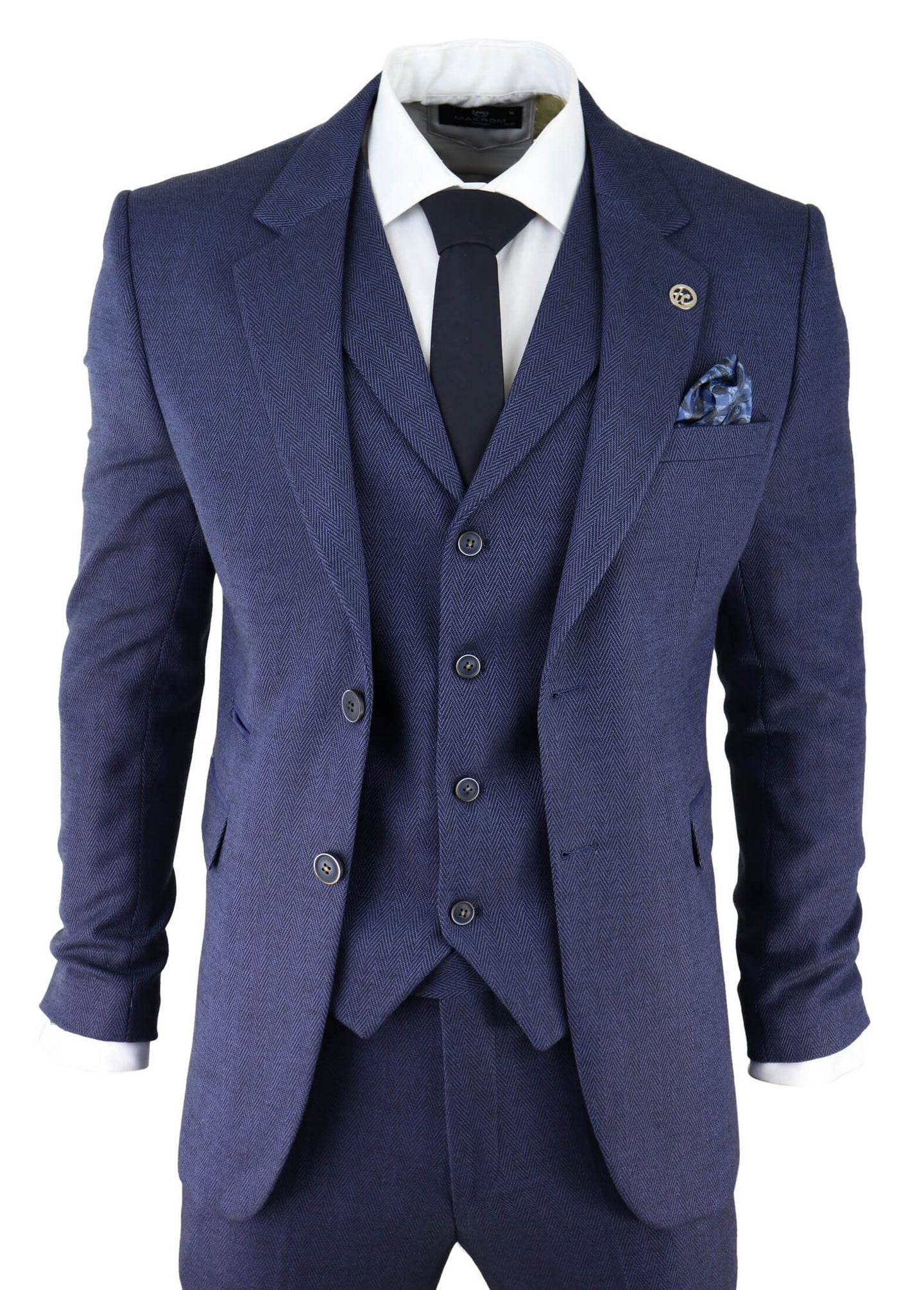 Men's Navy-Blue Herringbone Tweed 3 Piece Suit