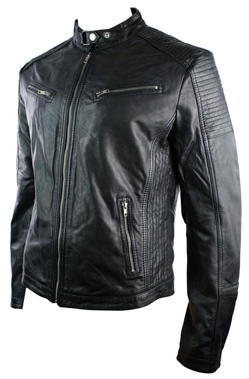 Real Leather Fitted Retro Style Zipped Mens Biker Jacket Tan Brown Nevada Timber Black Urban-Black