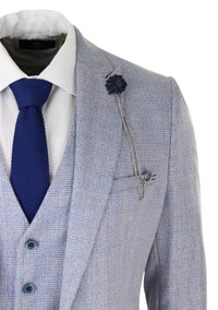 Mens 3 Piece Check Suit Tweed Light Blue Tailored Fit Wedding Peaky Classic