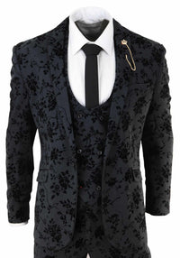 Mens Black 3 Piece Paisley Velvet Suit