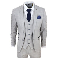 Hugo Men's Light Grey 3-Piece Suit with Navy Blue Check and Velvet Trims