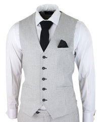 Mens 3 Piece Light Grey Black Check Suit Tailored Fit Retro Vintage Classic Smart