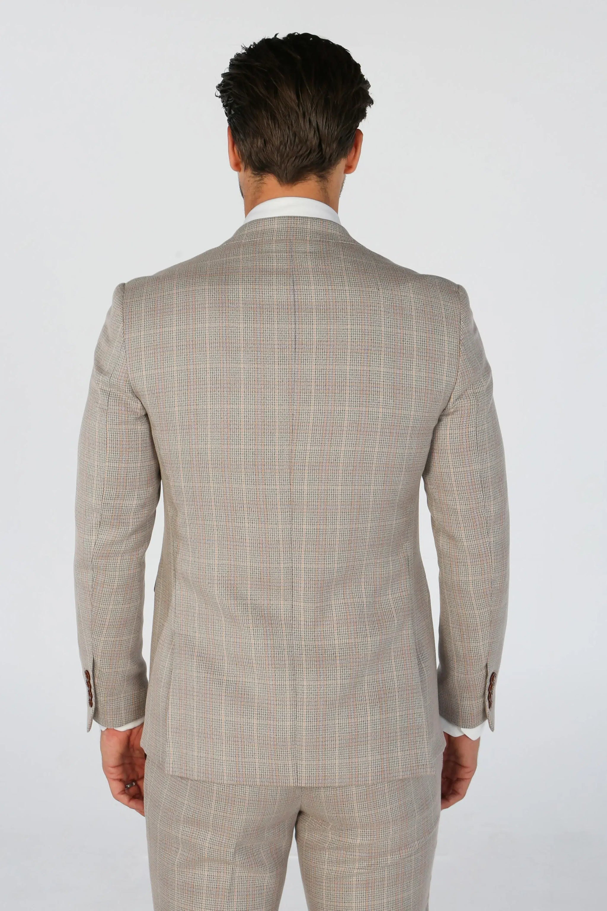 Leo - Men's Beige 3 Piece Checked Tailored Fit Suit