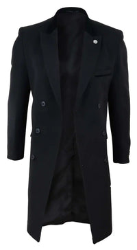 Mens 3/4 Long Double Breasted Black Overcoat
