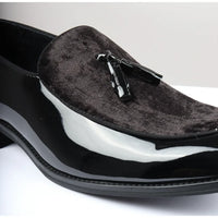 Men's Slip On Tassel Velvet Detailed Patent Black Loafers