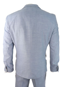Mens 3 Piece Suit Light Blue Summer Linen Tailored Fit Wedding Prom Classic