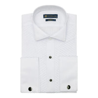 Men's Wing Collar White Shirt Pleated Tuxedo Double Cuff Satin Cotton