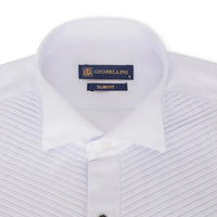 Men's Wing Collar White Shirt Pleated Tuxedo Double Cuff Satin Cotton