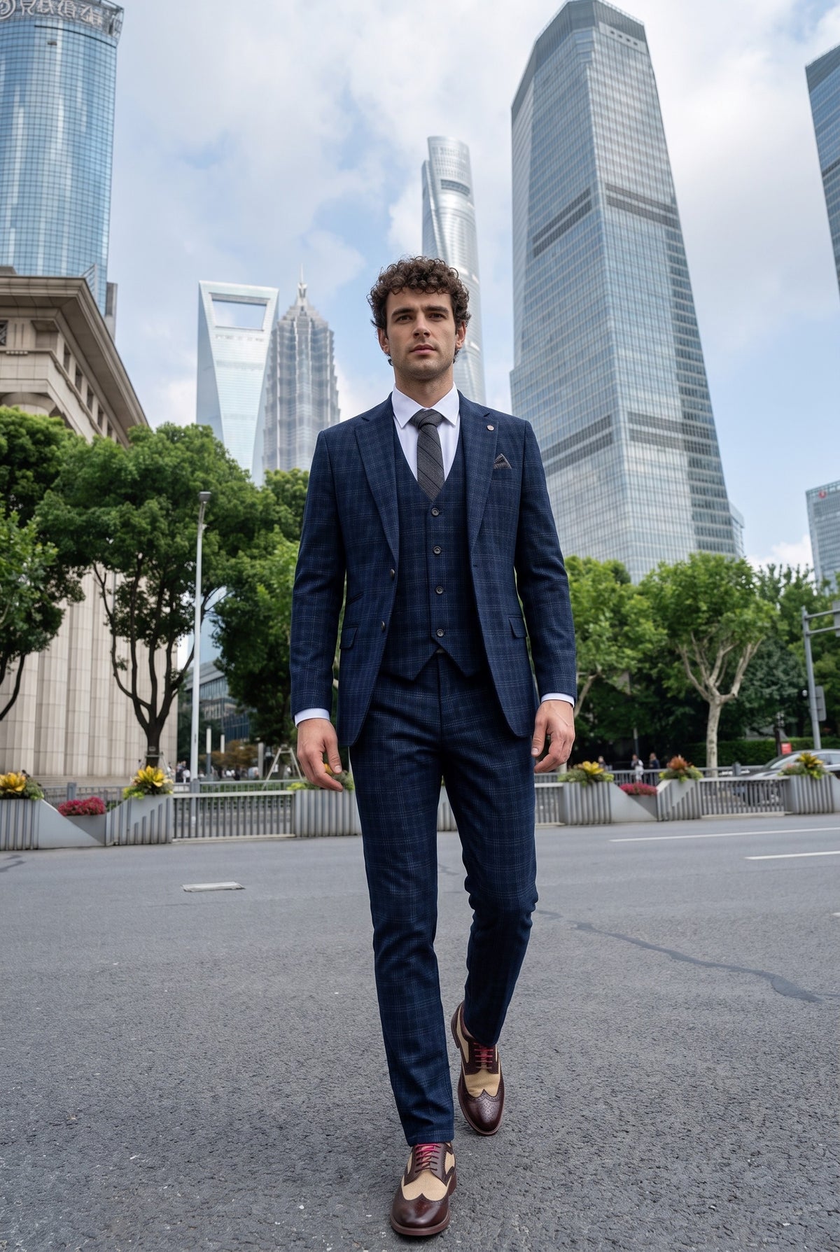 Look #570 styled with Marcos - Férfi sötétkék kockás, karcsúsított, háromrészes öltöny