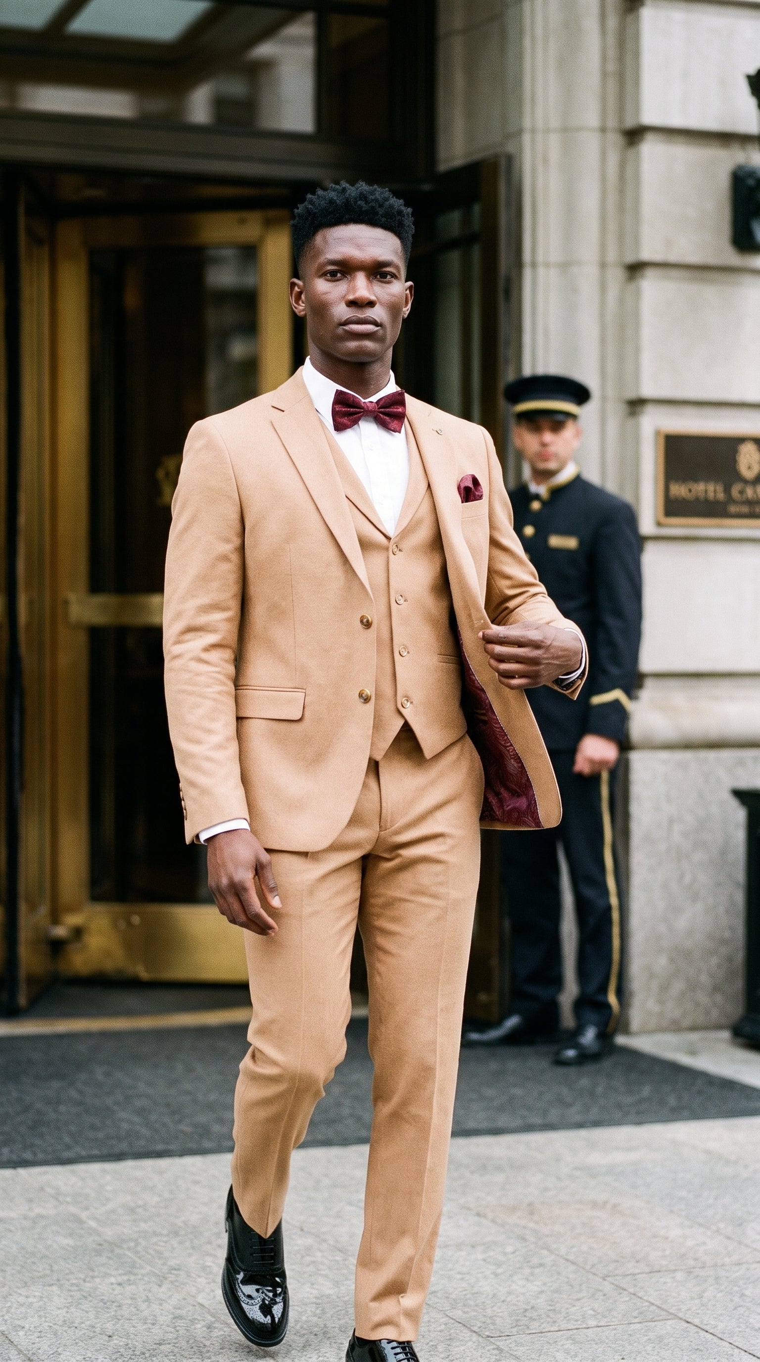 Look #644 styled with TP-23 - Férfi tevezöld, háromrészes lenvászon nyári menyasszonyi öltöny