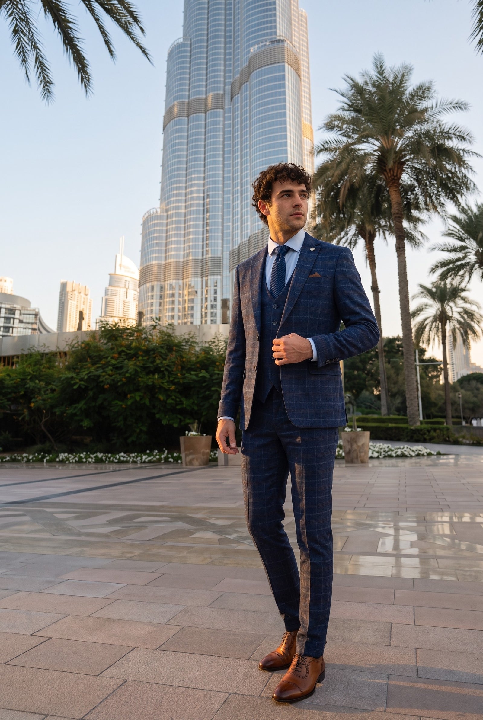 Look #978 styled with Férfi sötétkék kockás, háromrészes öltöny - Paul Andrew Kenneth