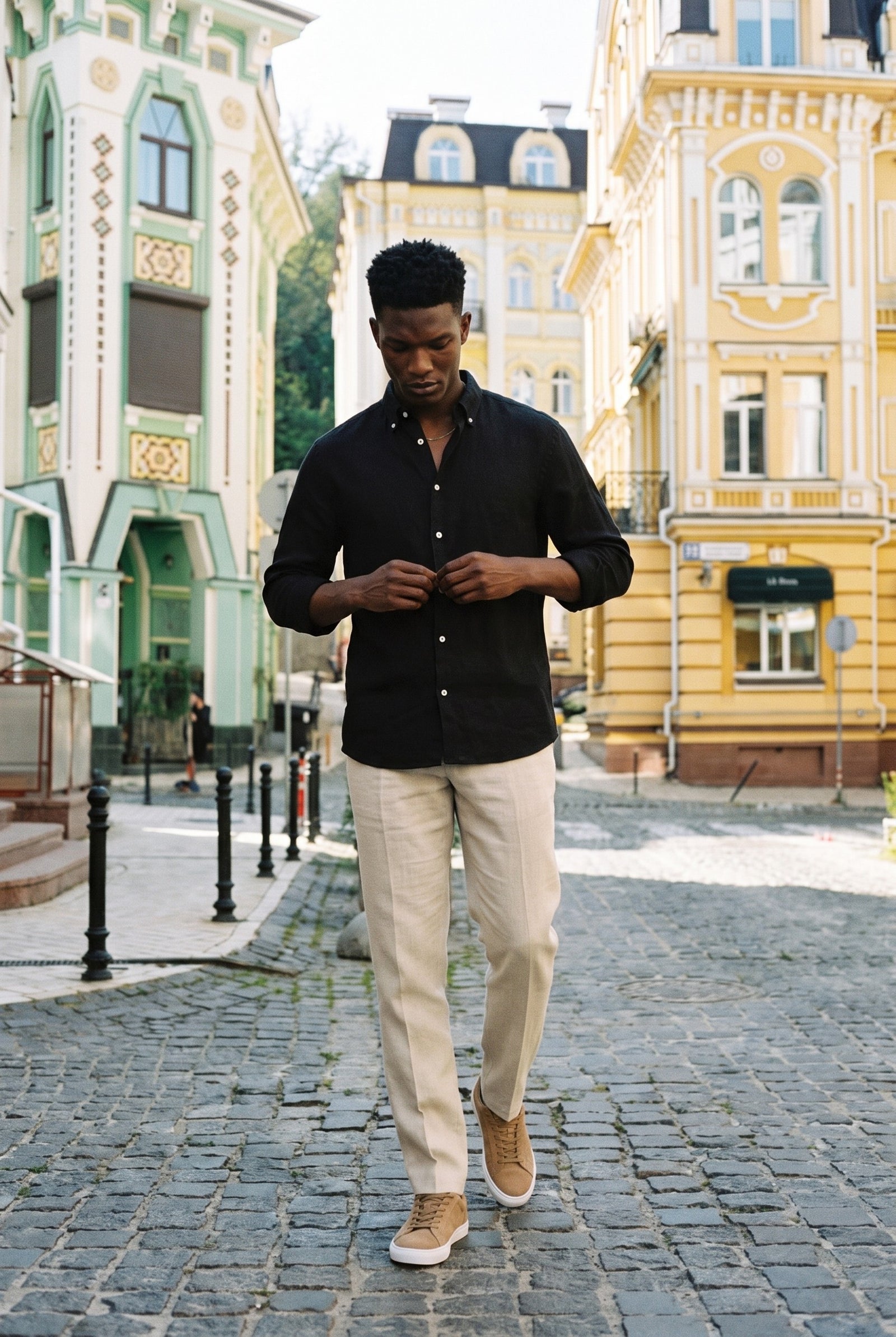 Look #1015 styled with Férfi bézs színű, 100% lenvászon, rakott, húzózsinóros, laza, egyenes szabású nadrág