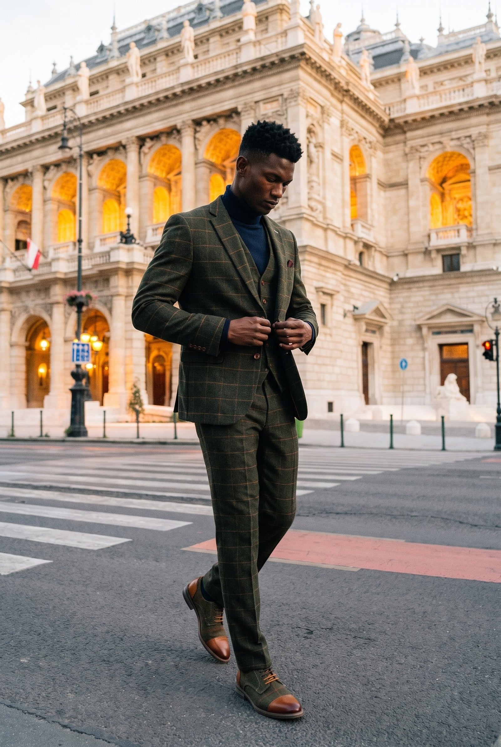 Look #497 styled with Férfi sötétkék garbó, puha viszkóz keverék hosszú ujjú kötött pulóver