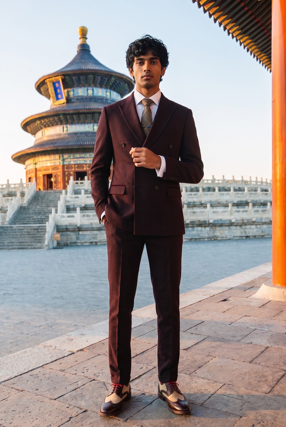Look #641 styled with Regent - Férfi bordó kétrészes dupla soros öltöny