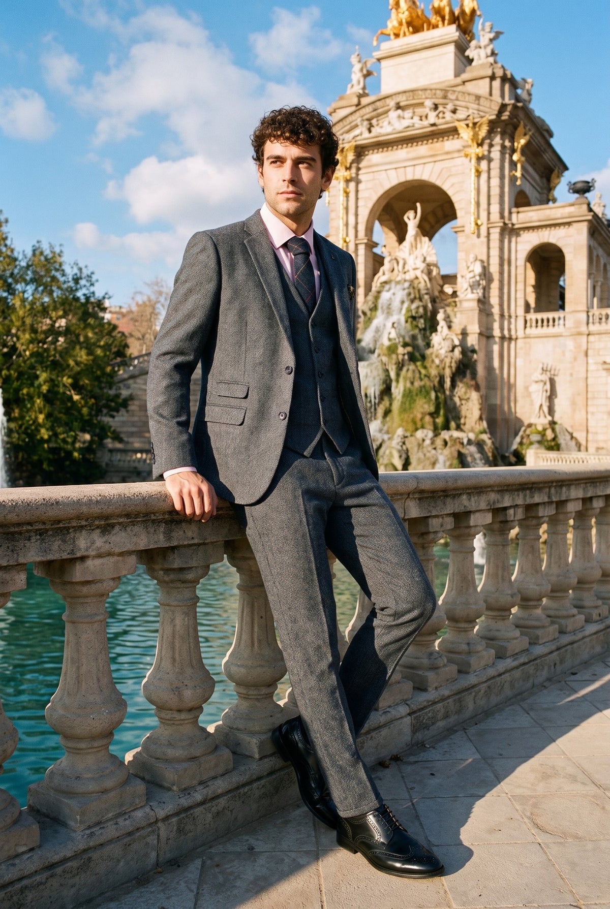 Look #955 styled with Férfi tweed halszálkás mintás Marc Darcy nyakkendő, klasszikus vintage retró Eton sötétkék