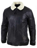 Mens Black Leather Bomber Jacket with White Collar