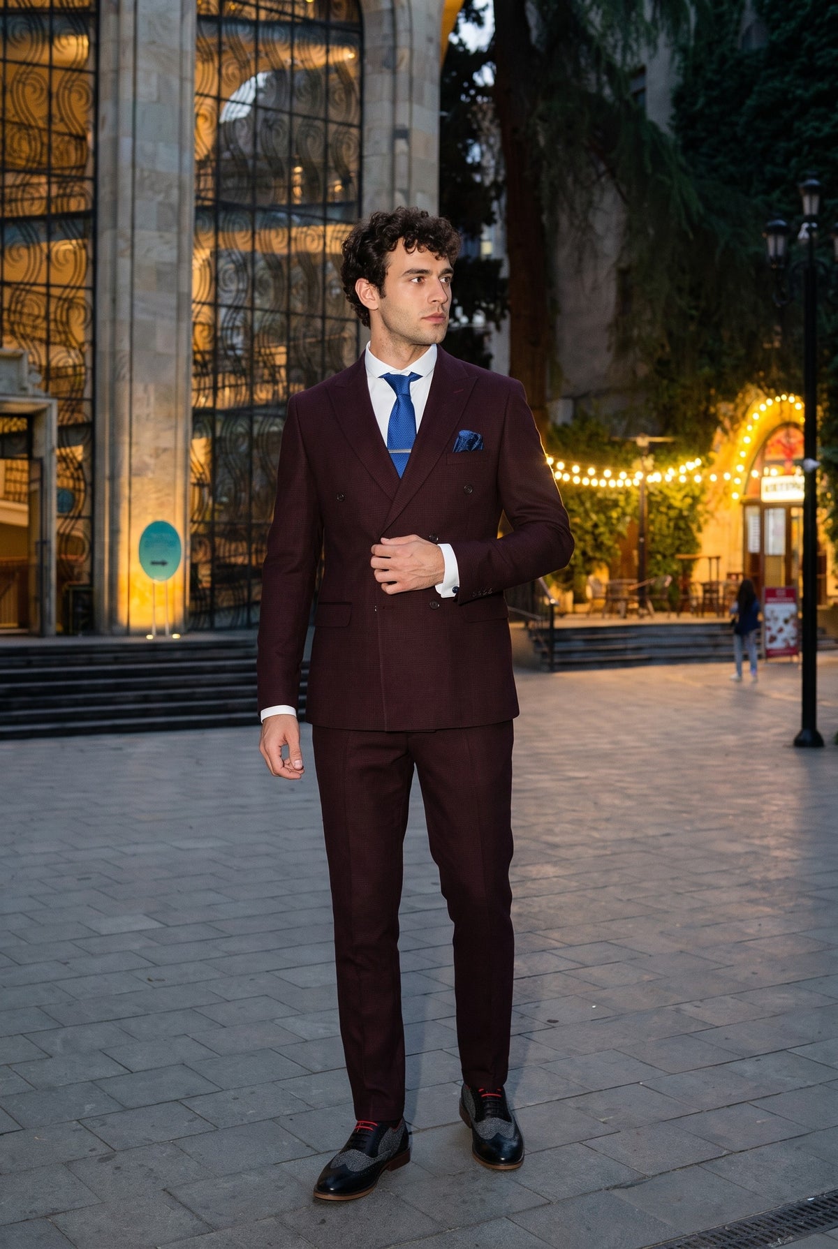 Look #733 styled with Regent - Férfi bordó kétrészes dupla soros öltöny