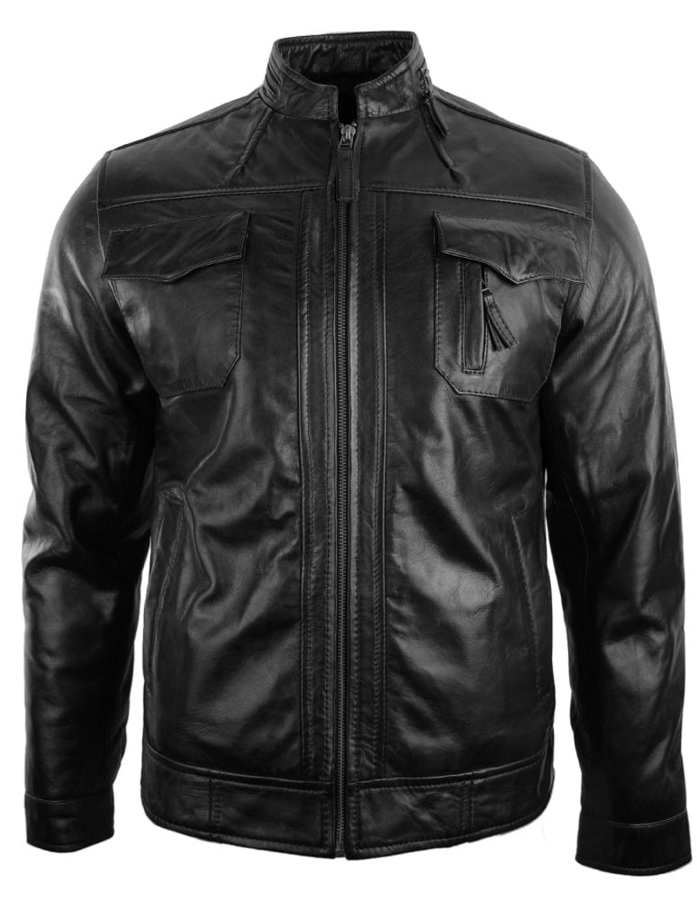Real Leather Jacket Biker Style Vintage Black Zipped Design Casual Fitted for Men