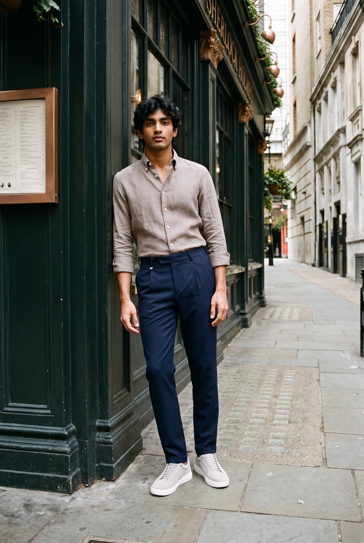Look #1017 styled with Férfi sötétkék rakott gurkha nadrág állítható derekú, szűkülő szabással