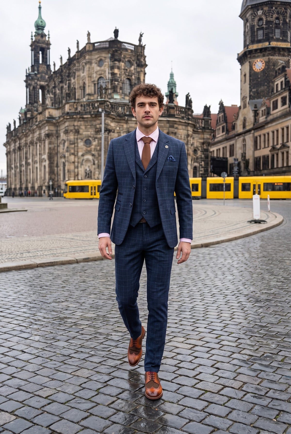Look #981 styled with Férfi kék kockás, háromrészes öltöny
