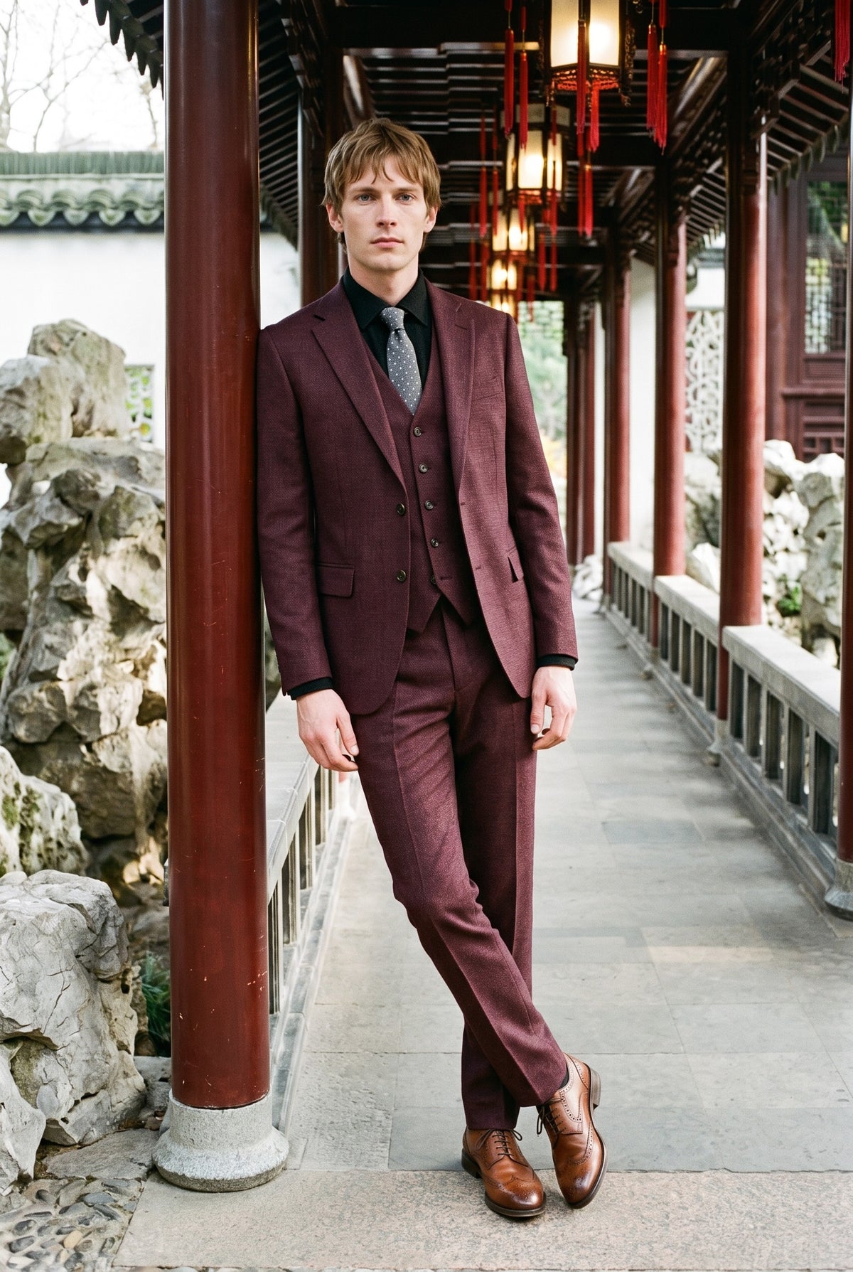 Look #237 styled with Caridi - Férfi bordó, háromrészes, kockás öltöny