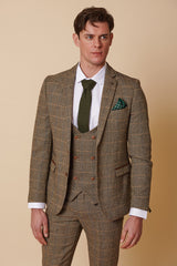 Férfi 3 részes halszálkás tweed öltöny, barna, kockás, szabott szabású, dupla klasszikus öltöny