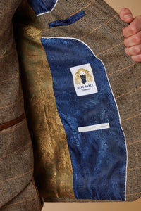 Férfi 3 részes halszálkás tweed öltöny, barna, kockás, szabott szabású, dupla klasszikus öltöny