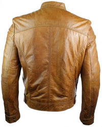 Real Leather Black Zipped Slim Fit Mens Biker Jacket Retro Vintage Smart Casual-Brown