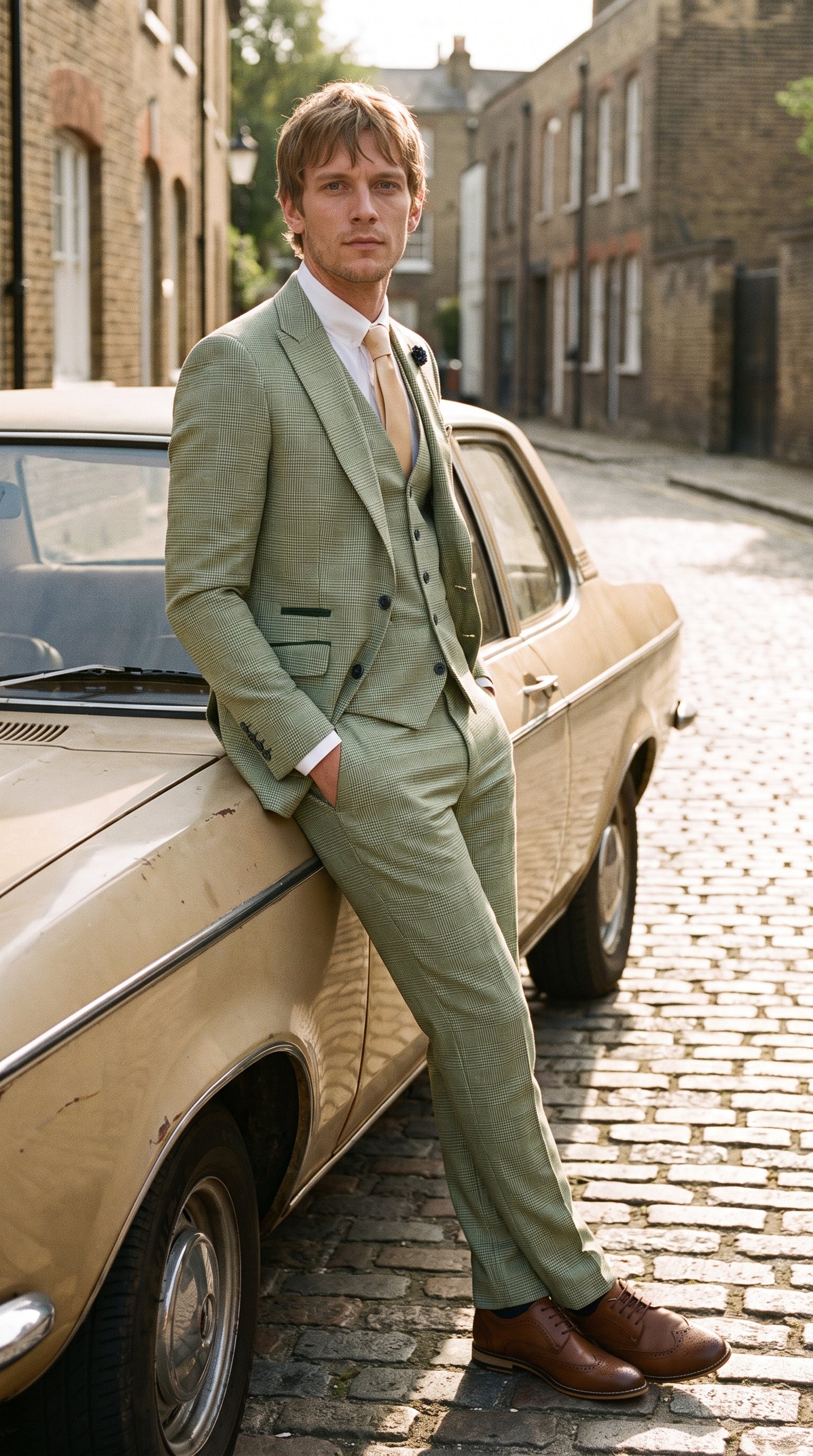Look #257 styled with Caridi - Férfi zsályazöld háromrészes kockás öltöny