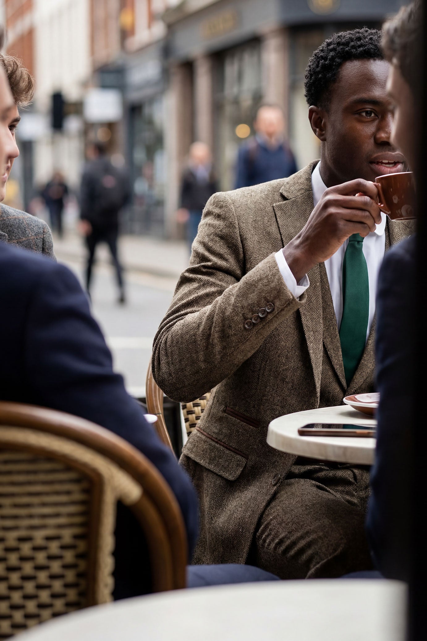 Tölgybarna halszálkás tweed háromrészes öltöny