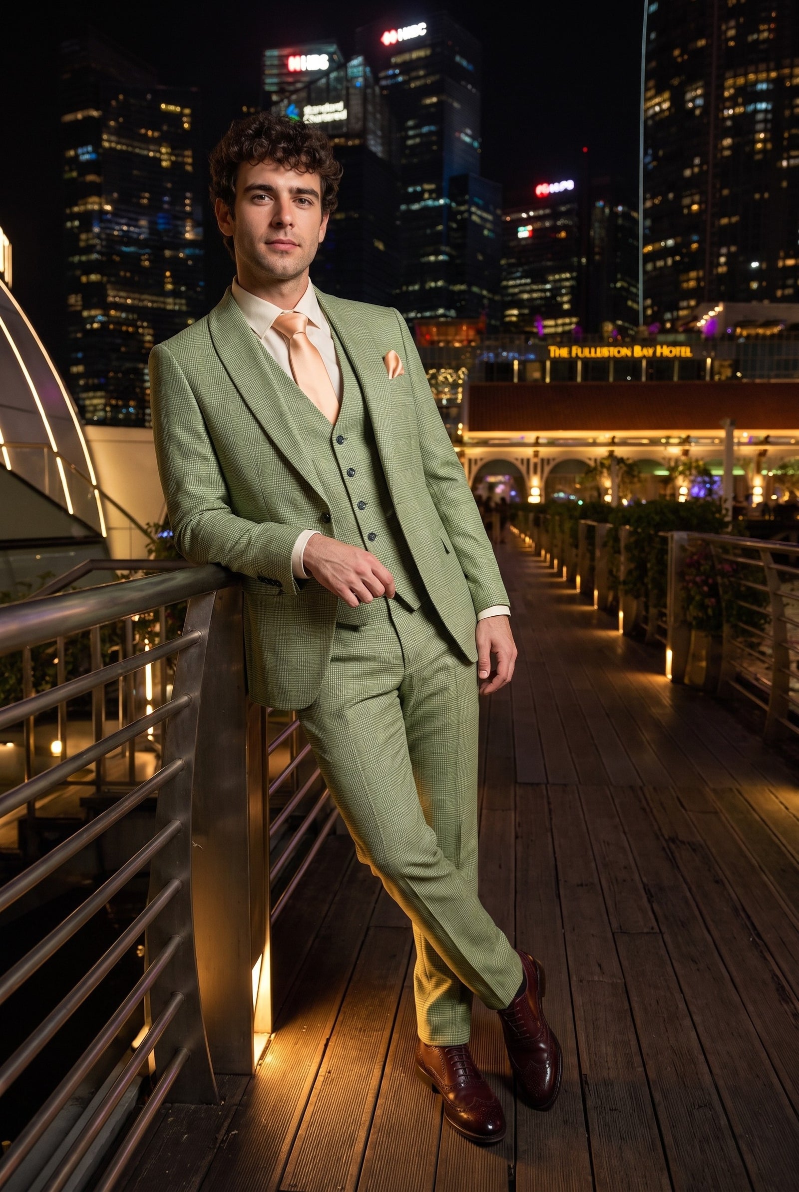 Look #308 styled with Caridi - Férfi zsályazöld háromrészes kockás öltöny
