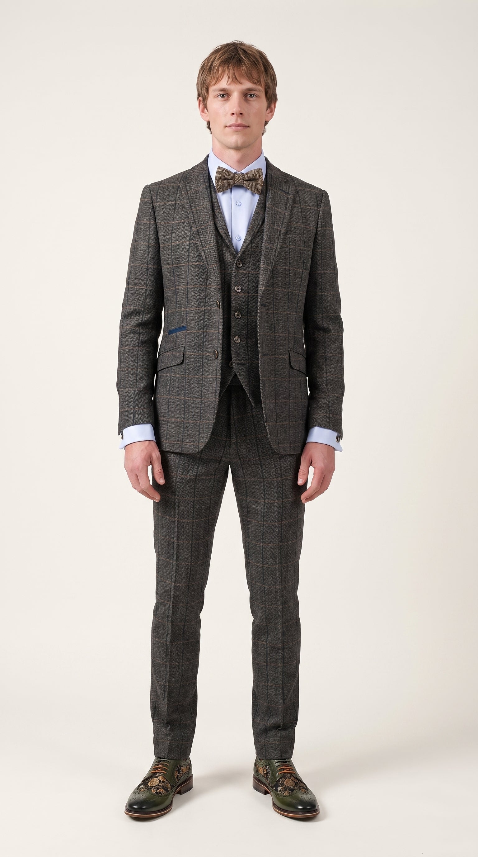 Look #330 styled with Cavani Albert - Férfi halszálkás tweed kockás háromrészes öltöny - Szénszürke