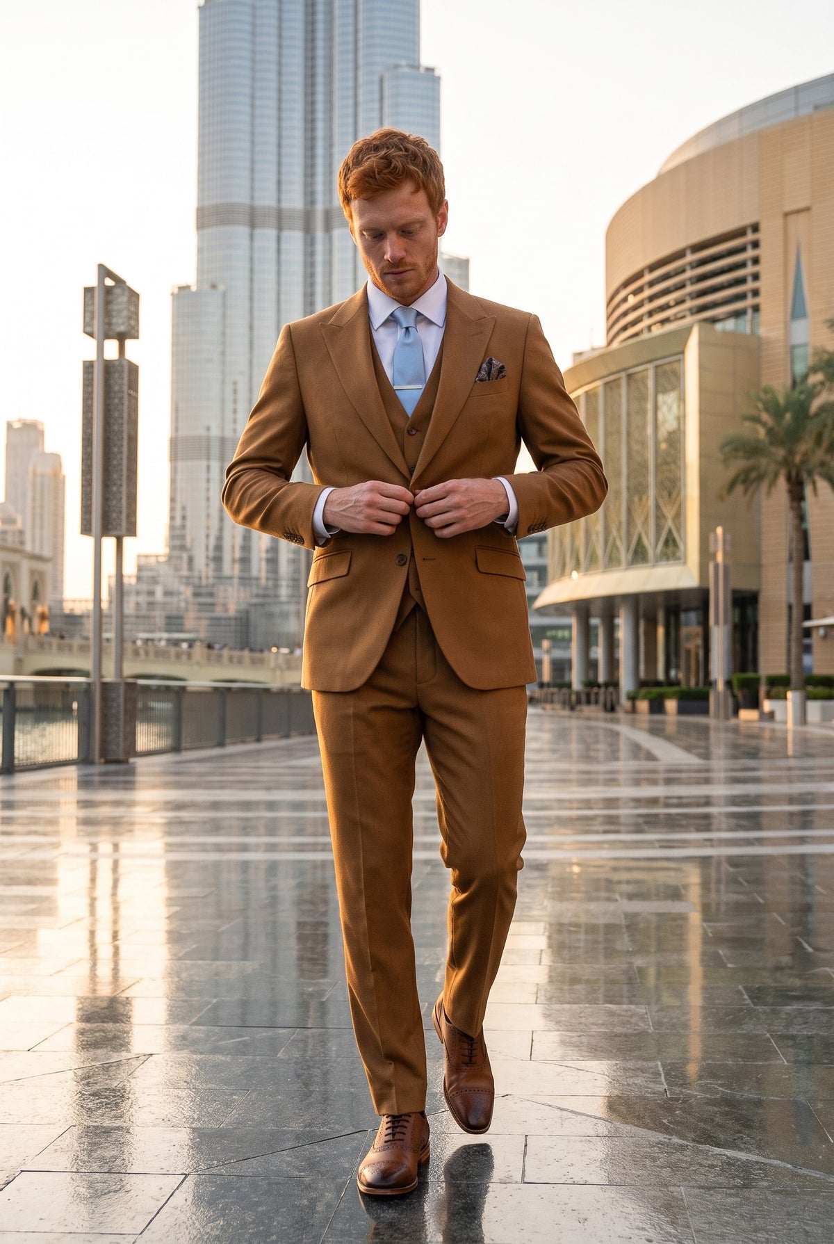 Look #952 styled with James - Férfi tevebarna, háromrészes gyapjú öltöny, szabott szabással