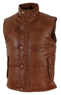 Mens Real Leather Waistcoat Gilet Quilted Puffer Design Warm Zip Casual Tan