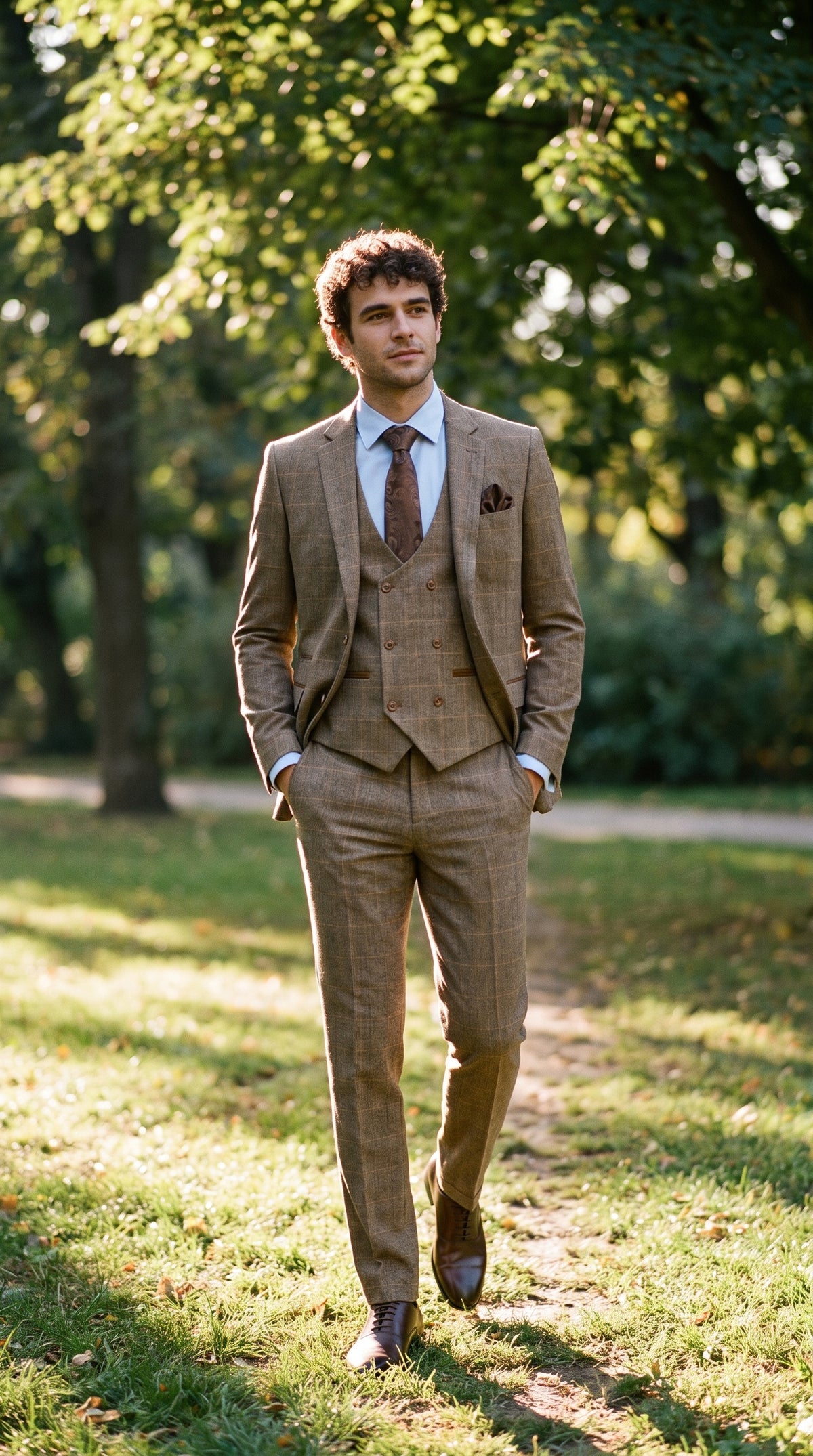 Look #343 styled with Férfi 3 részes halszálkás tweed öltöny, barna, kockás, szabott szabású, dupla klasszikus öltöny