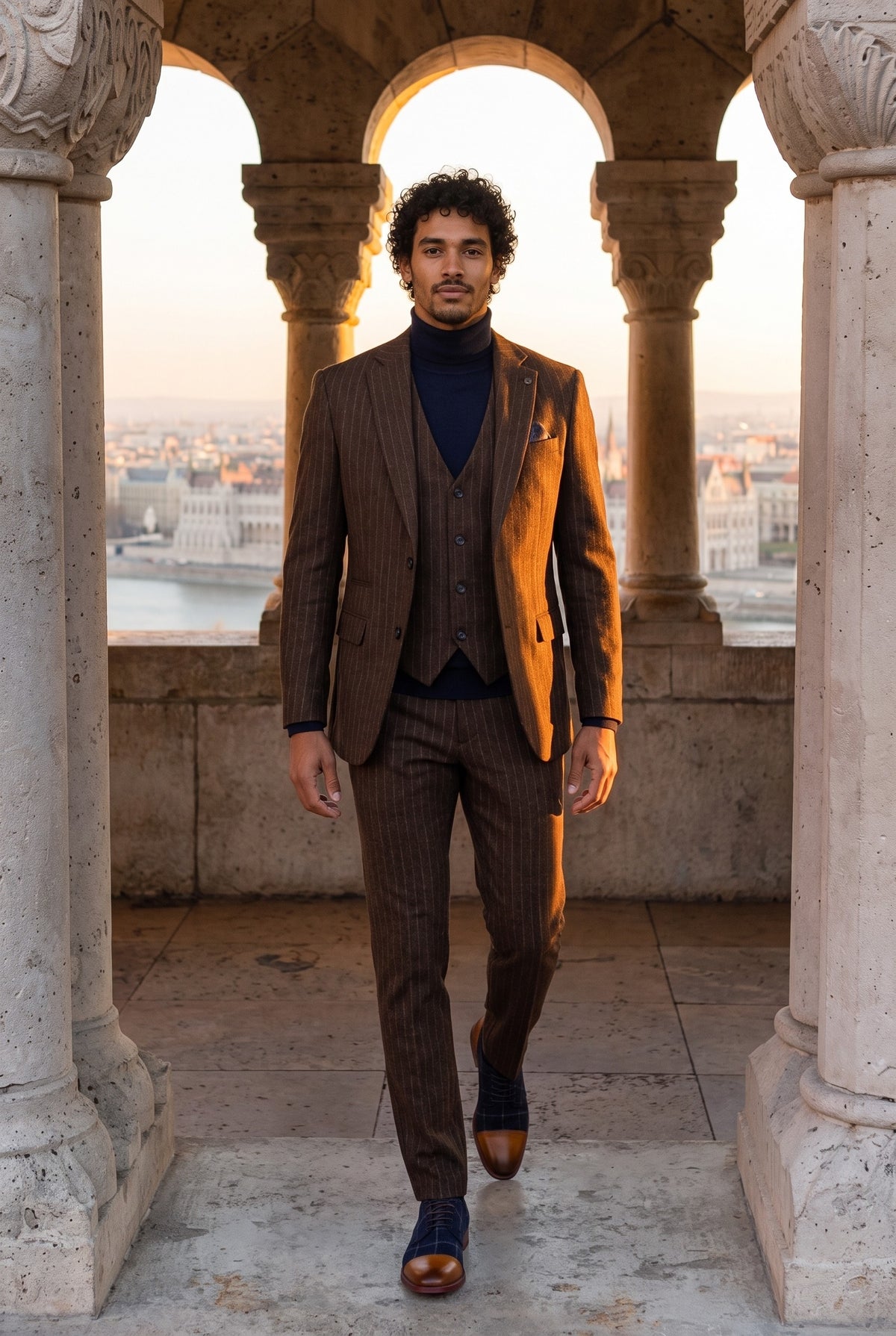 Look #959 styled with Férfi barna csíkos, karcsúsított, háromrészes öltöny