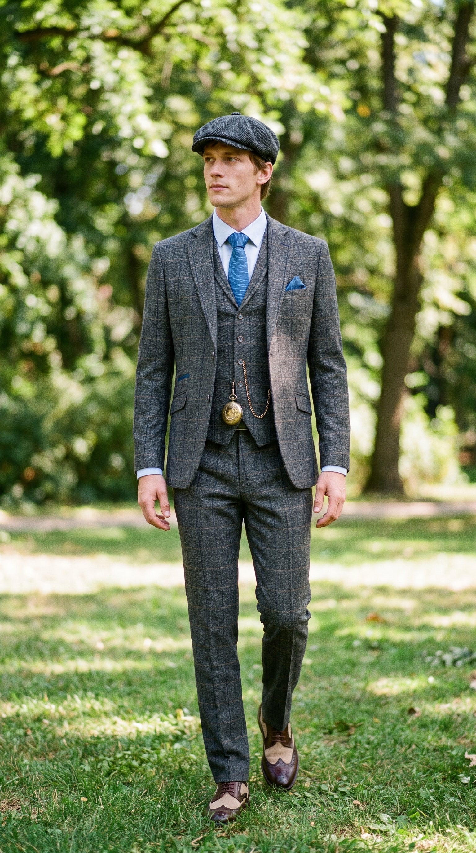Look #132 styled with Cavani Albert - Férfi halszálkás tweed kockás háromrészes öltöny - Szénszürke