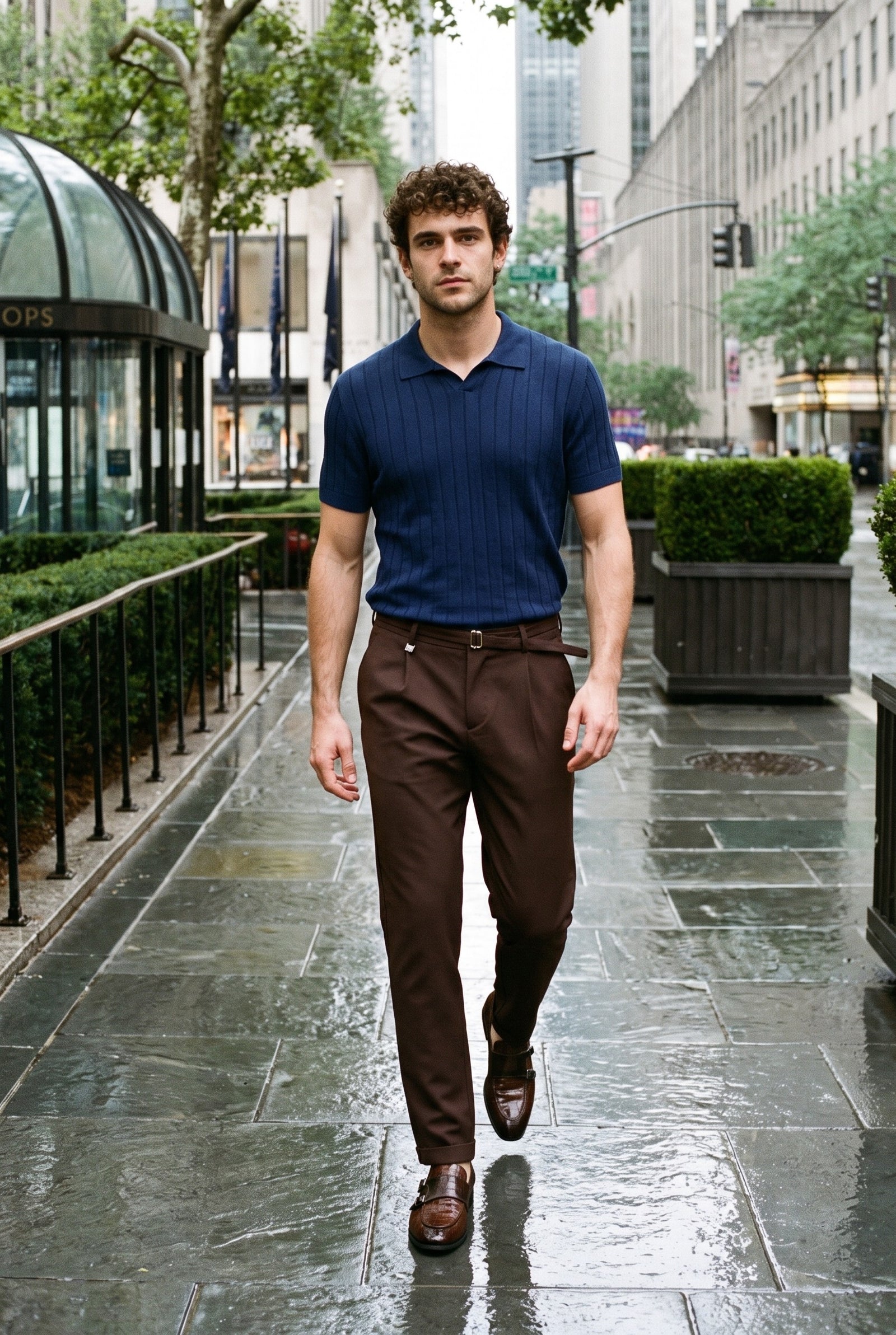 Look #907 styled with Férfi sötétkék bordázott kötött póló