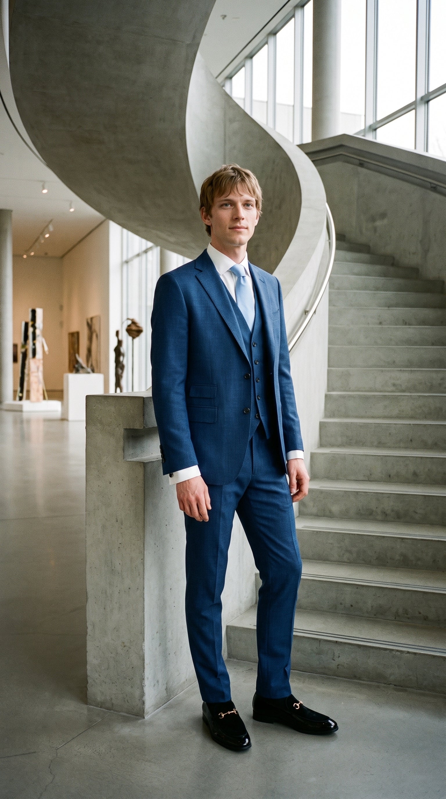 Look #842 styled with Férfi kék nyári vászonöltöny