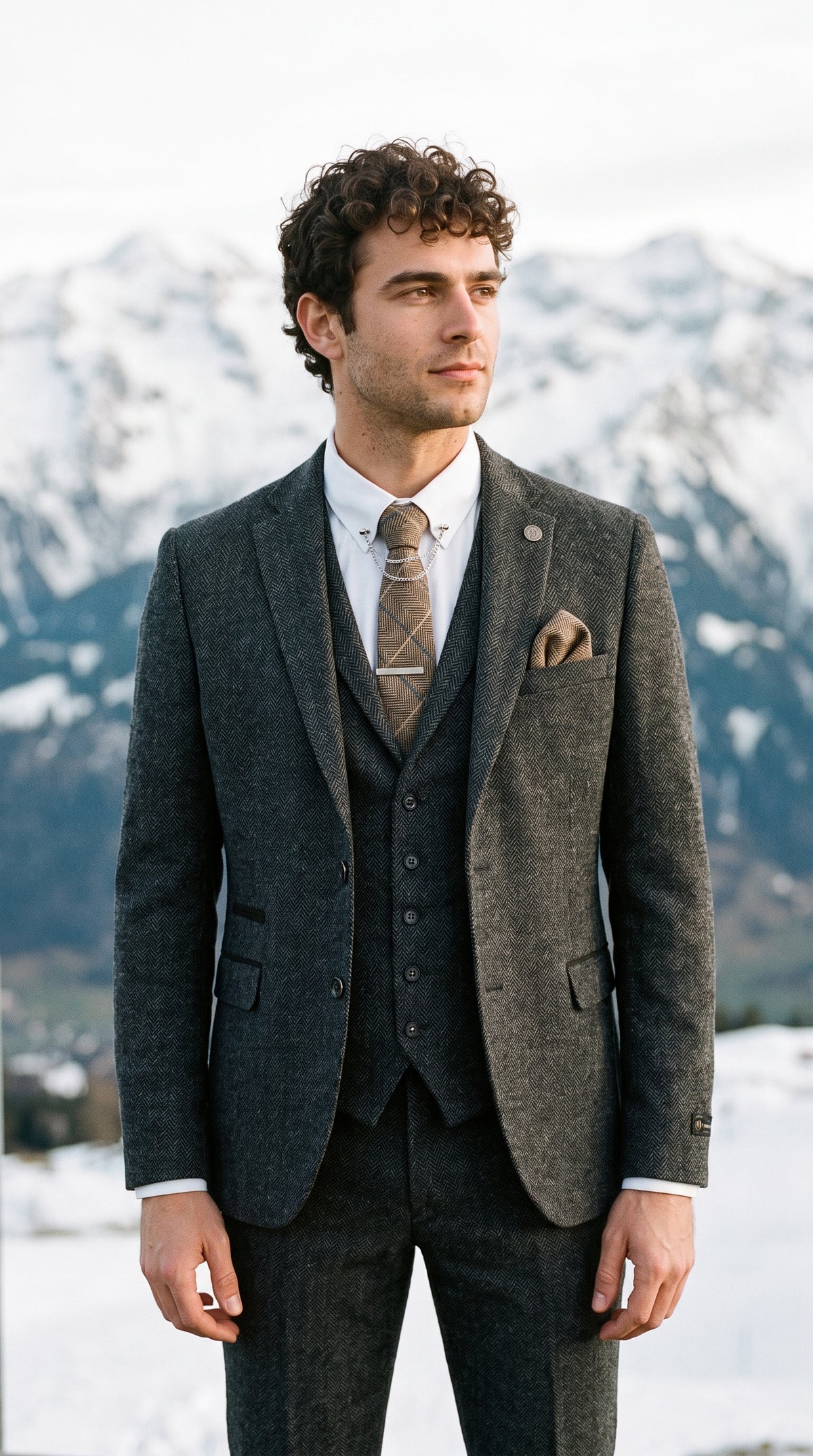 Look #637 styled with Férfi szénszürke, háromrészes, halszálkás tweed öltöny - STZ11
