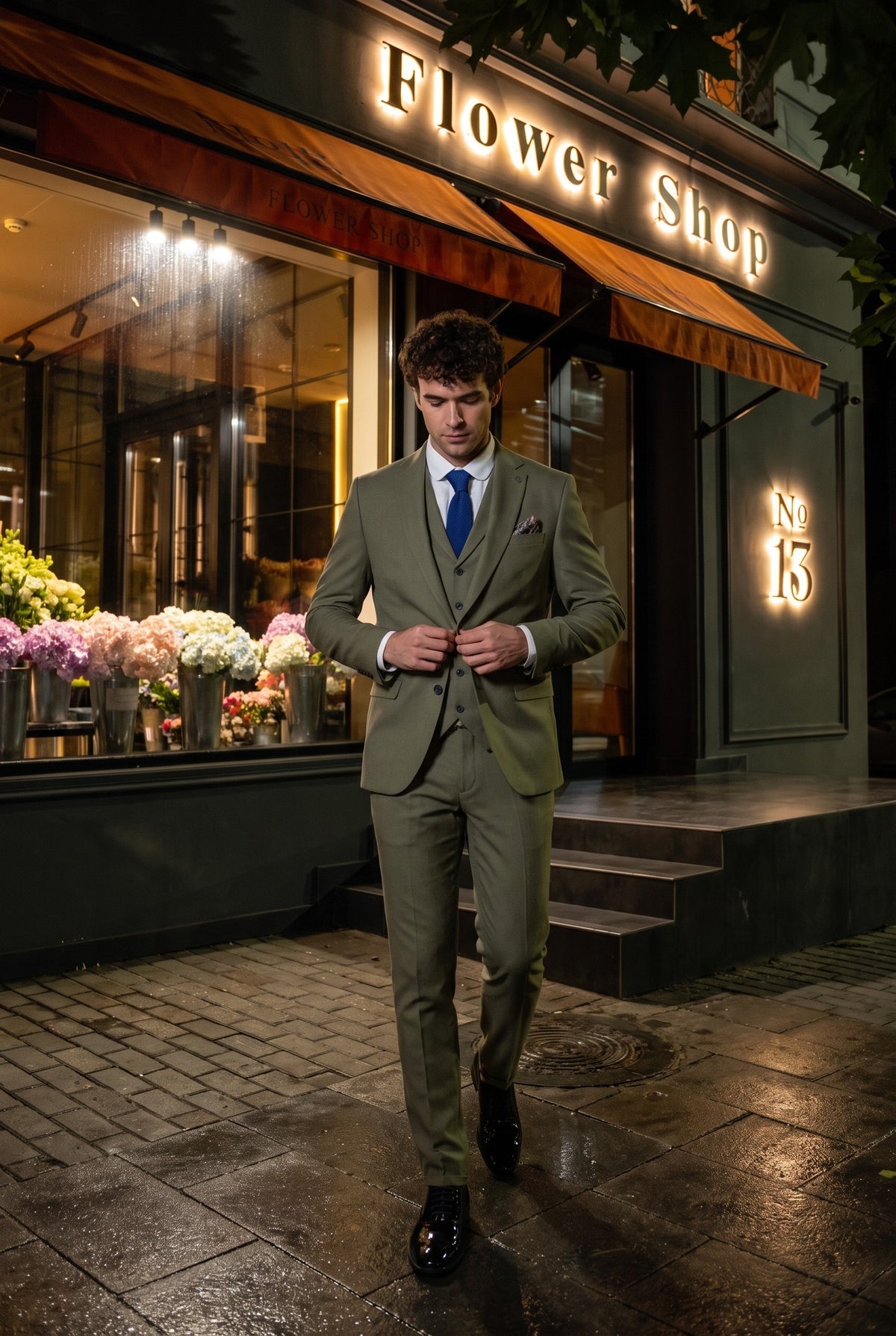 Look #158 styled with TP-22 Férfi Zsálya Háromrészes Lenvászon Nyári Esküvői Öltöny
