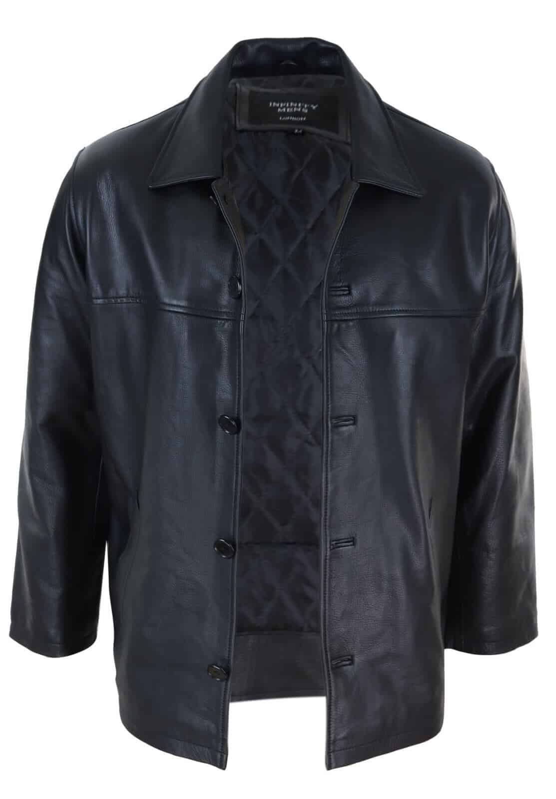 Men Mid Black Length Classic Leather Coat