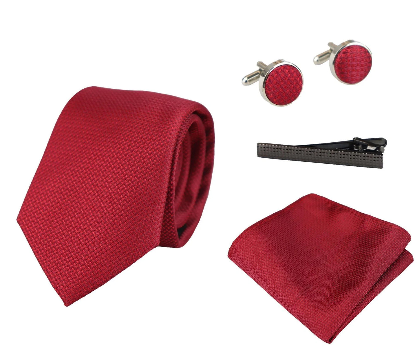 Satin Silk Textured Red Tie Gift Set Pocket Square Cuff Links Tie Matt Satin