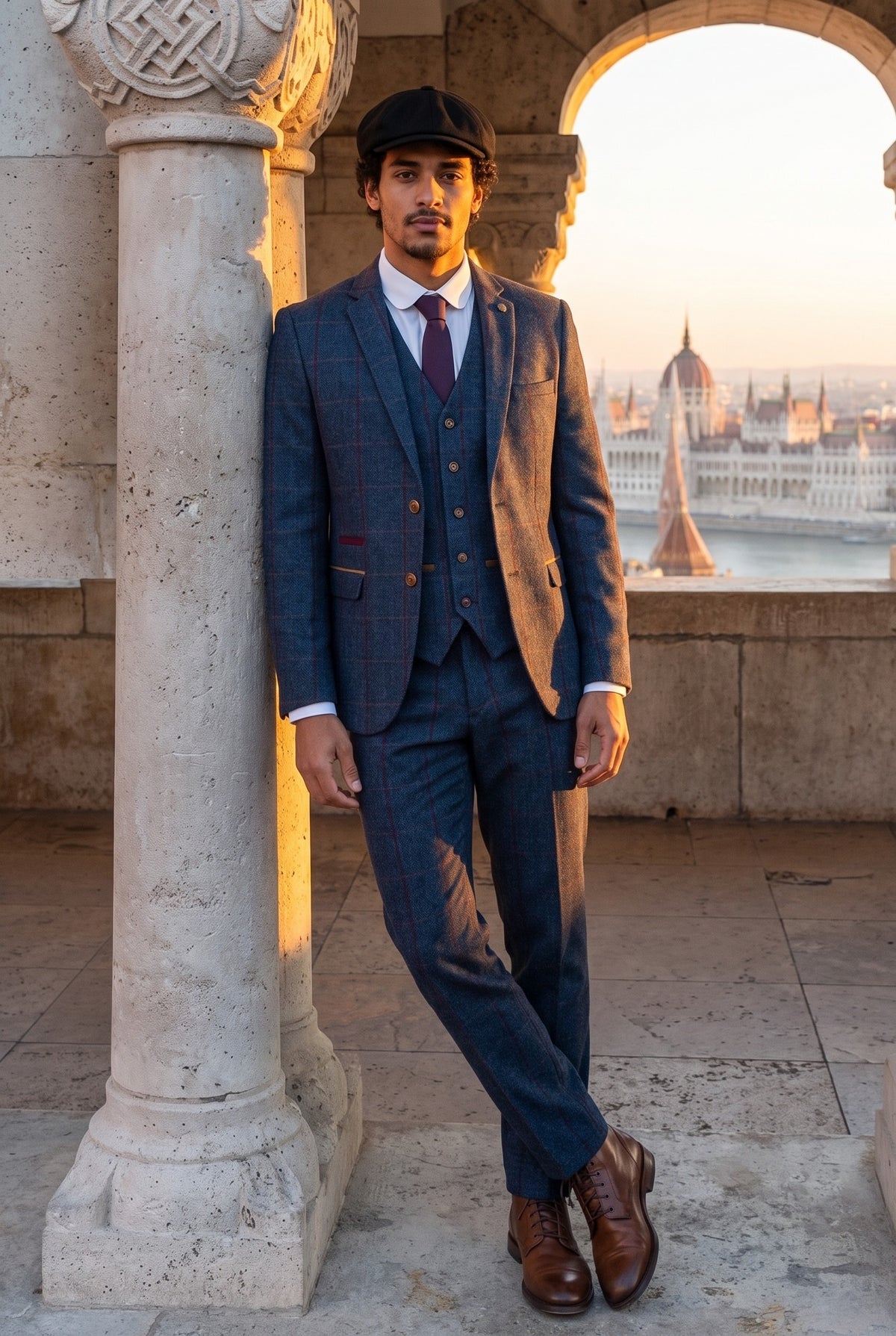 Look #553 styled with Férfi halszálkás tweed öltöny, háromrészes, sötétkék, piros, kockás, vintage, 1920-as évekbeli, szabott szabásmintával