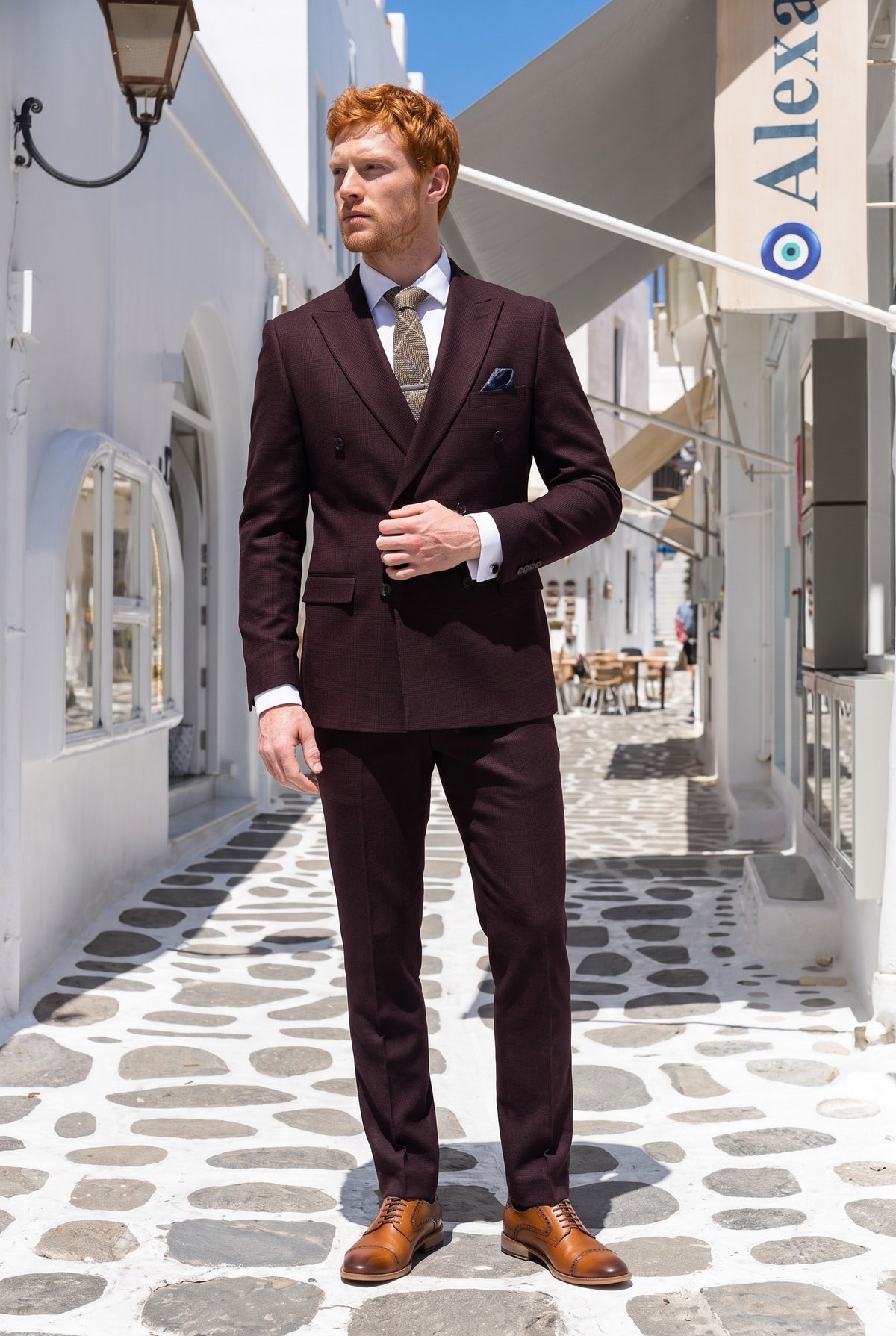Look #732 styled with Regent - Férfi bordó kétrészes dupla soros öltöny