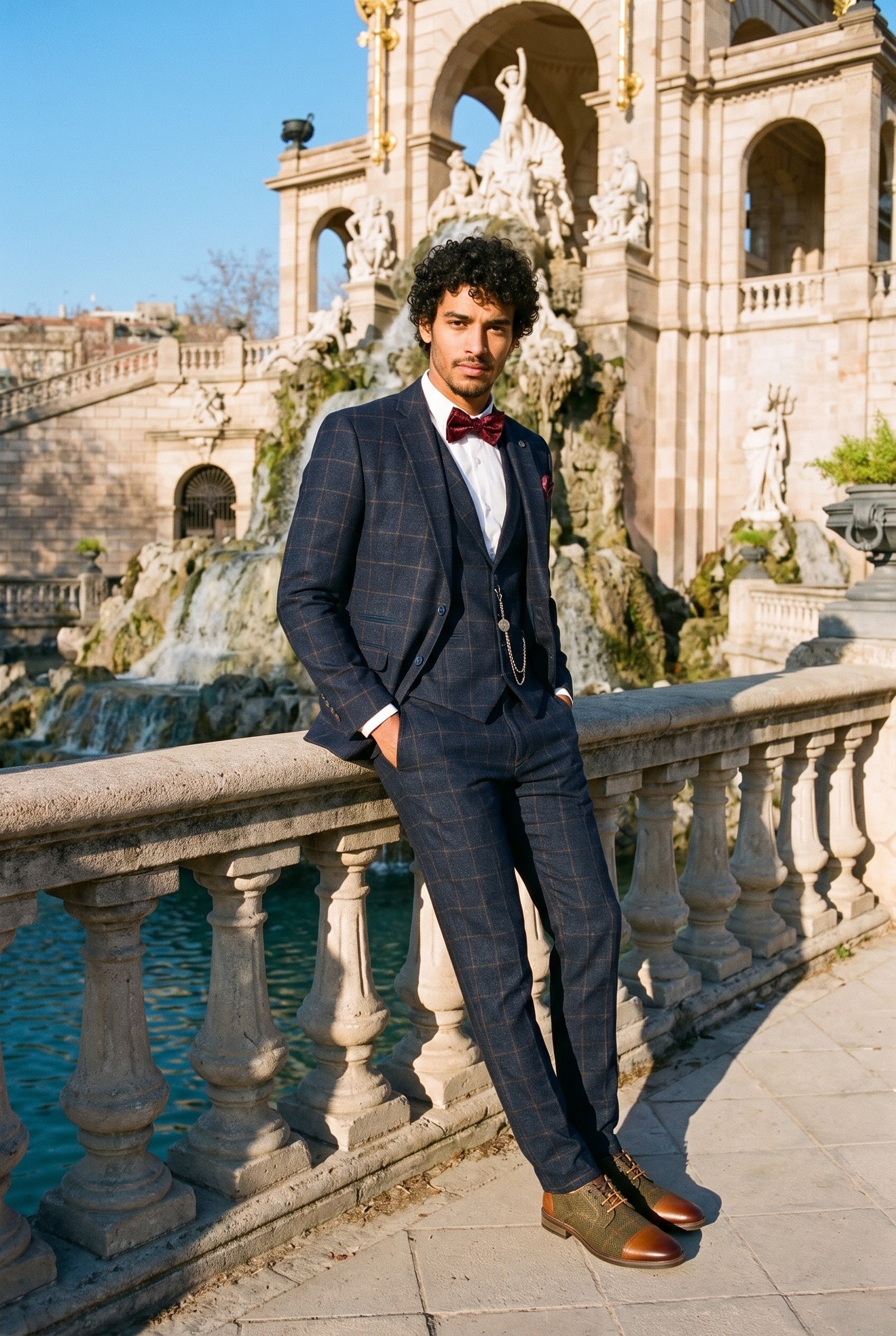 Look #728 styled with Férfi háromrészes gyapjú tweed öltöny sötétkék, barna, kockás, 1920-as évekbeli Gatsby mintával
